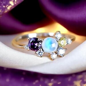🆕️ S925 Sterling Silver Moonstone Ring Colorful CZ Cluster Delicate Size 8